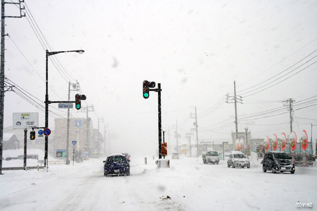 雪景色 雪道 冬 道路 長野県の道路 国道292号 中野市